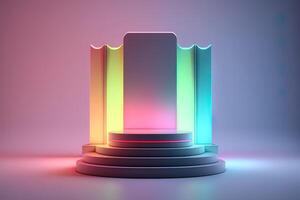 Realistic 3D podium with neon light and pastel color for product display. photo