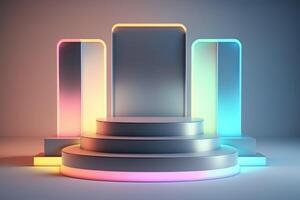 Realistic 3D podium with neon light and pastel color for product display. photo