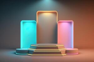 Realistic 3D podium with neon light and pastel color for product display. photo