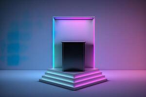 Realistic 3D podium with neon light and pastel color for product display. photo