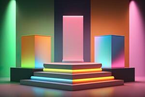 Realistic 3D podium with neon light and pastel color for product display. photo