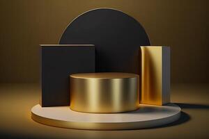 Realistic 3D luxury and golden podium for product display. photo