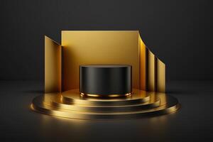 Realistic 3D luxury and golden podium for product display. photo