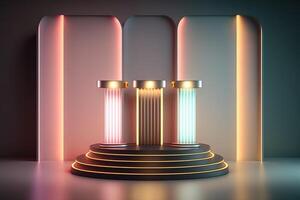 Realistic 3D podium with neon light and pastel color for product display. photo