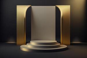 Realistic 3D luxury and golden podium for product display. photo