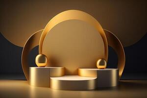 Realistic 3D luxury and golden podium for product display. photo