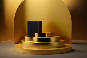 Realistic 3D luxury and golden podium for product display. photo