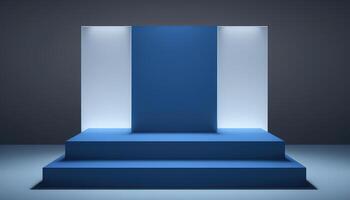 Realistic 3D blue theme podium for product display. photo