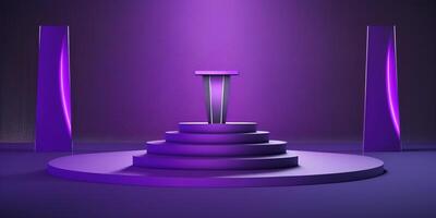 Realistic 3D purple theme podium for product display. photo