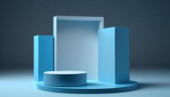 Realistic 3D blue theme podium for product display. photo