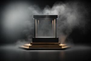 Realistic 3D podium with smoke and dark color for product display. photo