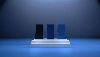 Realistic 3D blue theme podium for product display. photo