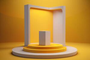 Realistic 3D yellow theme podium for product display. photo