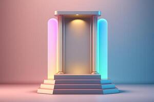 Realistic 3D podium with neon light and pastel color for product display. photo