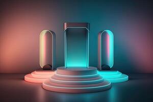 Realistic 3D podium with neon light and pastel color for product display. photo
