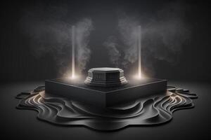 Realistic 3D podium with smoke and dark color for product display. photo