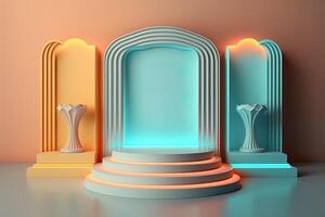 Realistic 3D podium with neon light and pastel color for product display. photo