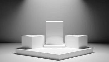 Realistic 3D white theme podium for product display. photo