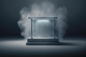 Realistic 3D podium with smoke and dark color for product display. photo