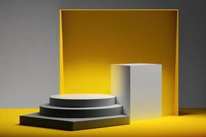 Realistic 3D yellow theme podium for product display. photo