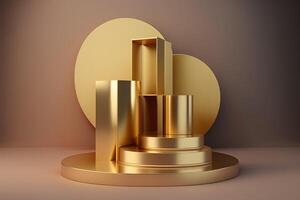 Realistic 3D luxury and golden podium for product display. photo