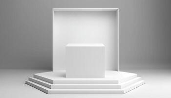 Realistic 3D white theme podium for product display. photo