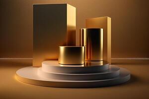 Realistic 3D luxury and golden podium for product display. photo