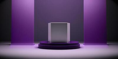 Realistic 3D purple theme podium for product display. photo