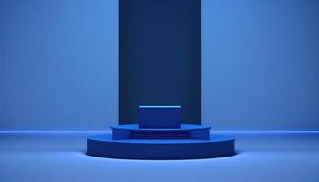 Realistic 3D blue theme podium for product display. photo