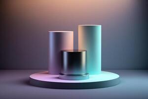 Realistic 3D cylinder with a colorful neon light podium for product display. photo