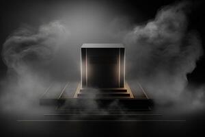 Realistic 3D podium with smoke and dark color for product display. photo