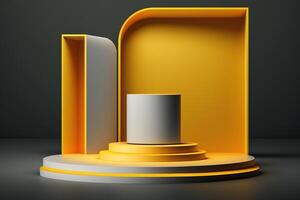 Realistic 3D yellow theme podium for product display. photo