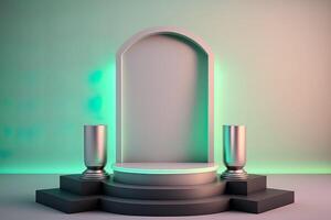 Realistic 3D podium with neon light and pastel color for product display. photo