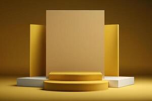 Realistic 3D yellow theme podium for product display. photo