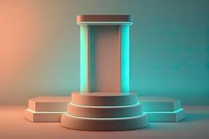 Realistic 3D podium with neon light and pastel color for product display. photo