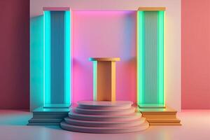 Realistic 3D podium with neon light and pastel color for product display. photo