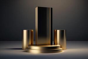 Realistic 3D luxury and golden podium for product display. photo