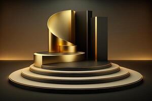 Realistic 3D luxury and golden podium for product display. photo