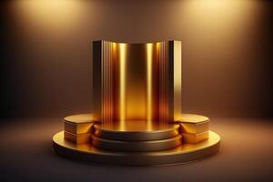 Realistic 3D luxury and golden podium for product display. photo