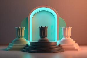 Realistic 3D podium with neon light and pastel color for product display. photo