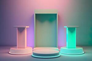 Realistic 3D podium with neon light and pastel color for product display. photo