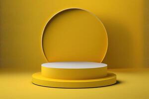Realistic 3D yellow theme podium for product display. photo