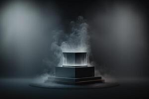 Realistic 3D podium with smoke and dark color for product display. photo