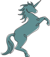 un seul dessin d'une licorne sautante mignonne avec une corne pour l'identité du logo du studio créatif. beau concept de mythologie de créature animale féerique. ligne continue moderne dessiner illustration vectorielle de conception png