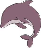 Single continuous line drawing of friendly cute dolphin for underwater life aquarium logo identity. Wild sea mammal animal concept for circus mascot. One line draw graphic vector design illustration png