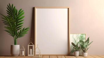 Blank picture frame mockup on wall in modern interior. Artwork template mock up in interior design. View of modern boho style interior with plant in trendy vase photo