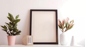 Blank picture frame mockup on wall in modern interior. Artwork template mock up in interior design. View of modern boho style interior with plant in trendy vase photo