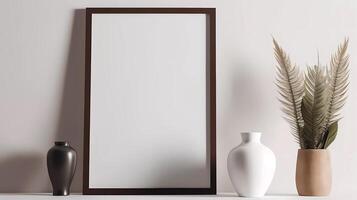Blank picture frame mockup on wall in modern interior. Artwork template mock up in interior design. View of modern boho style interior with plant in trendy vase photo