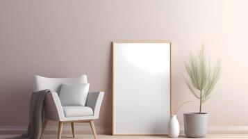 Blank picture frame mockup on wall in modern interior. Artwork template mock up in interior design. View of modern boho style interior with plant in trendy vase photo