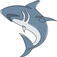 enda kontinuerlig linjeritning av aggressiv haj för naturäventyrsföretagets logotyp. vilda djur havsfisk djur koncept för säker havsorganisation maskot. en linje rita design illustration png